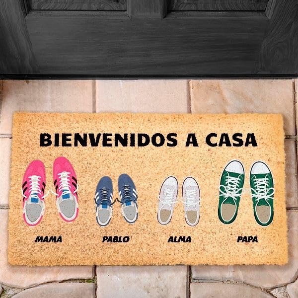 Felpudo Zapatillas con Nombres y Texto Personalizado. Alfombra Entrada Casa. Felpudos Personalizados. Decoración. Regalos Originales para Familia. Fibra de Coco, Base Antideslizante