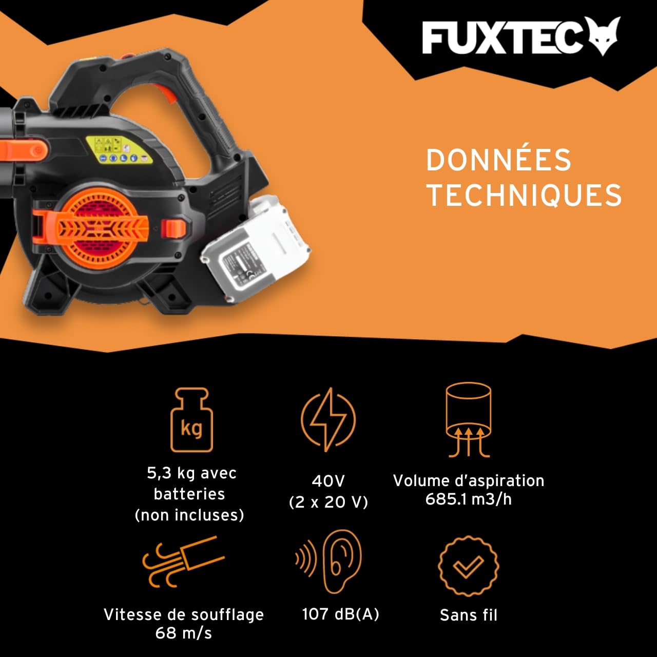 Souffleur de Feuilles sans Fil FUXTEC • FX-E1LB20 • Batterie et Chargeur Non Inclus • Compatible Batterie 20V E1 • Jusqu'à 38 m/s • Vitesse réglable • Léger 2 kg