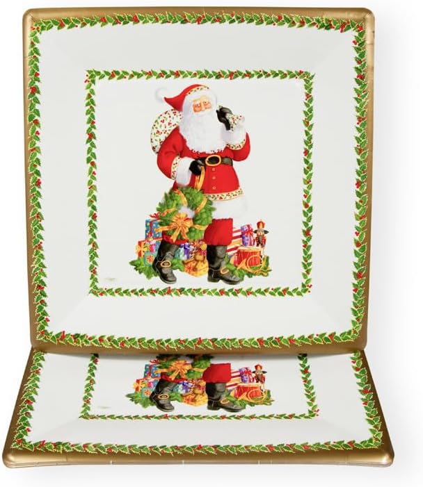 Caspari Jolly St. Nick Square Paper Dinner Plates, 32 Count