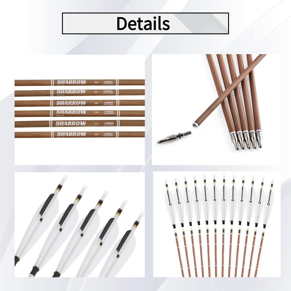 Flèches Archery 31 Pouces en Carbone Pur, 12 pièces, Spine 340, 400, 500, 600, diamètre de la Tige 6,2 mm, Pointe de flèche 100 Grains, Plumes Naturelles