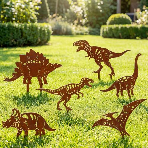 ElaraBerry 6 Pcs Rusty Dinosaur Garden Statues Decor Metal Porch Dinosaurs Stake Outdoor Lawn Decor Decorative Dinosaur Lovers Gift Real Rust Yard Sign for Yard Patio Garden Pathway Courtyard