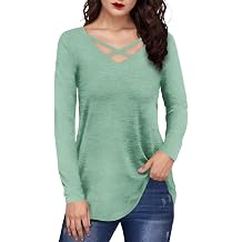 Trendy Tops for Women Elegant Criss Cross V Neck Long Sleeve Summer Light Green T Shirts Slim Fit Tunic Blouse Spring Fall Soild Color Basic Tees Lightweight Vacation Business Causal Work Outfits,L