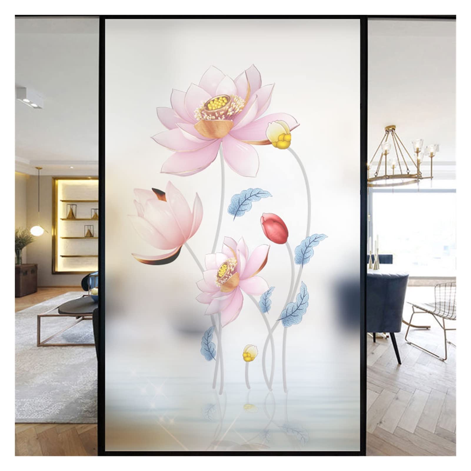 Window Film Windows Film Decorative Beautiful Lotus Flower Stained Glass Window Stickers No Glue Static Cling Frosted(Pattern G,60x200cm WxH)
