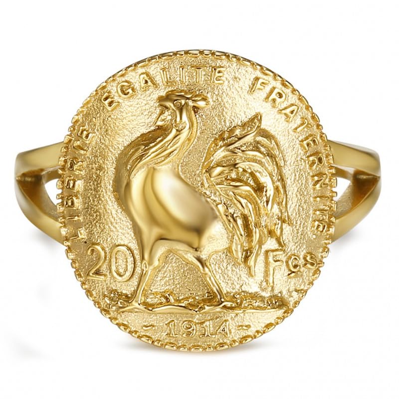 Bague chevalière coq Marianne en acier or 316L, le chic historique au masculin
