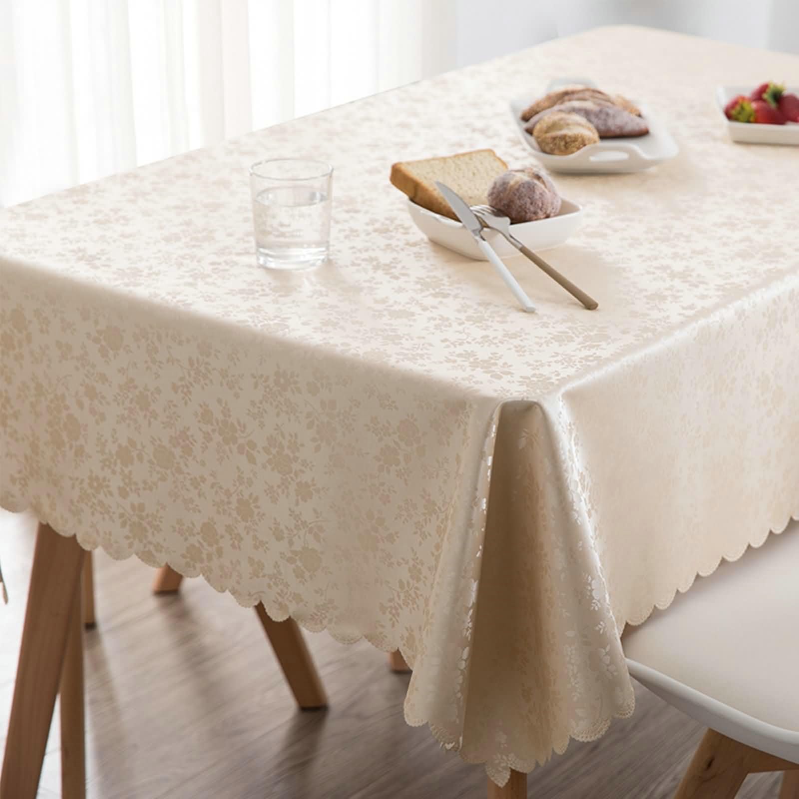 Tischdecken 160 cm, Runde Tischdecke Abwaschbar Modern PVC Blumen und Blätter Muster Tischtuch für Indoor, Outdoor, Essen, Küche, Champagner