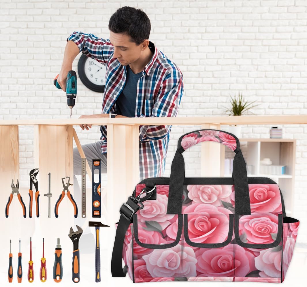 Delicate Pink Blossoms Heavy Duty Tool Bag 14.8 Inch for Men, Wide Mouth Garden Tool Storage Bag with Adjustable Shoulder Strap, 14 Pockets Tool Bag Organizer for Construction, Gardening