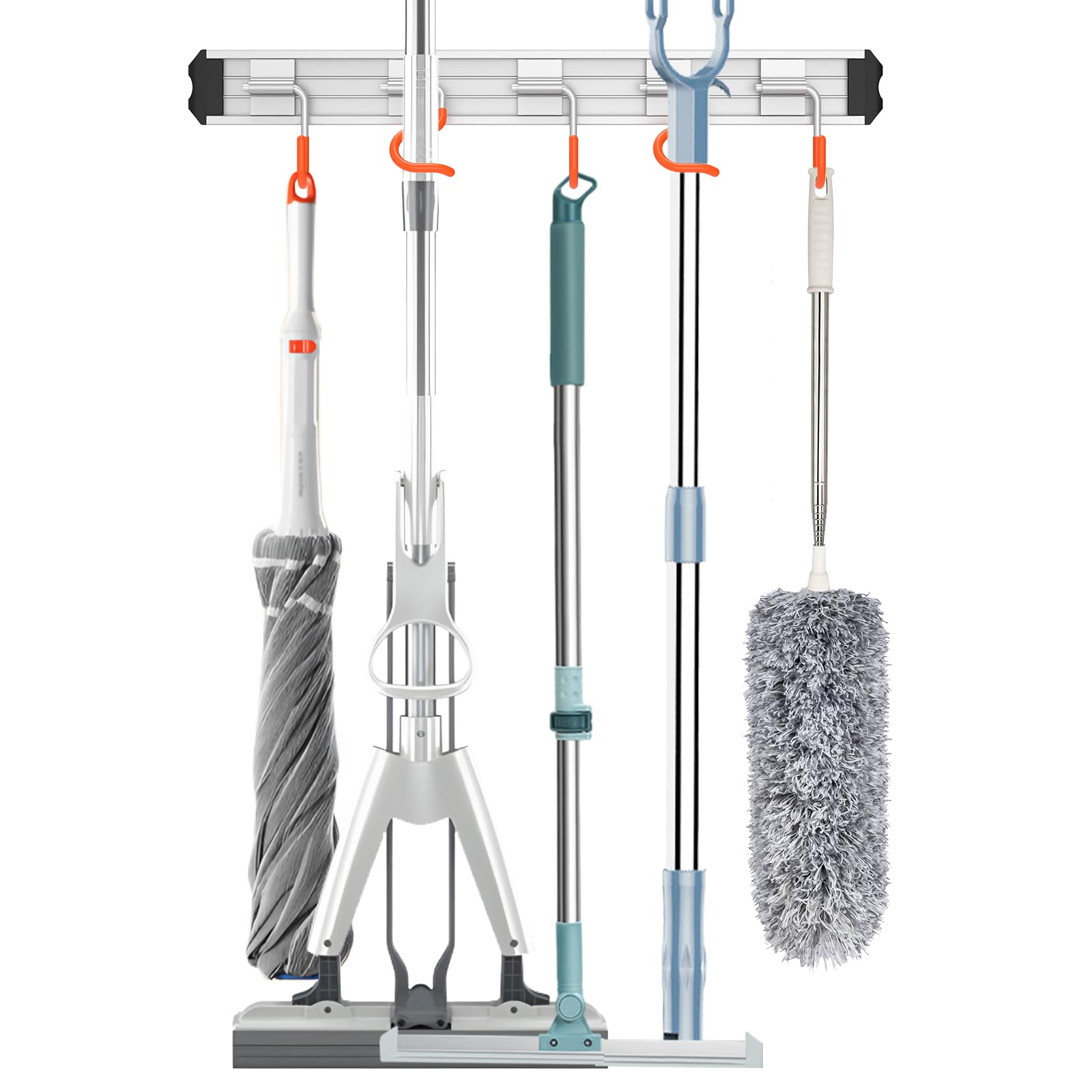 QcoQce Broom Holder Wall Mounted Garden Tool Rack Organizer, Modern Style,Movable Aluminum Alloy Wall Mounted Hook,Storage Gift for Bathroom,Closet,Laundry Room,Garage,Tool Room