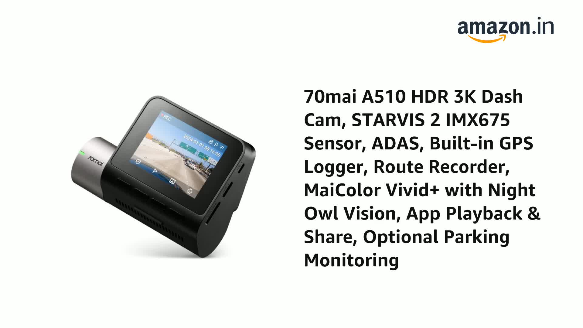 70mai A510 HDR 3K Dash Cam, STARVIS 2 IMX675 Sensor, ADAS, Built