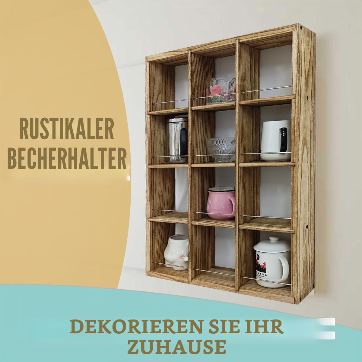 Wandmontiertes Kaffeebecher-Präsentationsregal, 43,2 x 63,5 cm, großes Holzregal, Becherhalter, Schattenbox, Regal, rustikales Becherregal, Schnapsgläser, Vitrine mit 12 Fächern (Carbon)