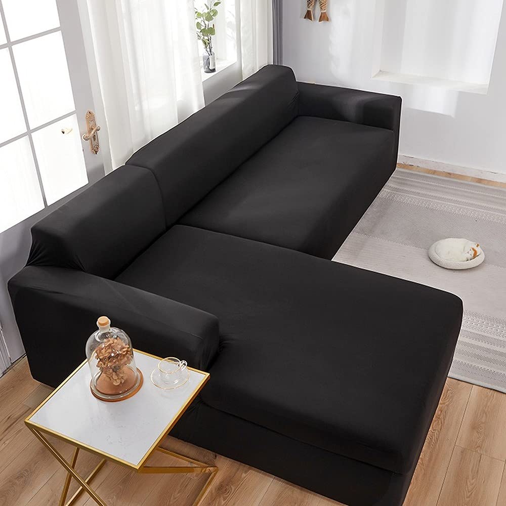 Copridivano con penisola Impermeabile, Copridivano angolare Elasticizzato a Forma di L Tinta Unita Tessuto in Microfibra, Antiscivolo Universale all-Inclusive (Black,3 Seater And 2 Seater)