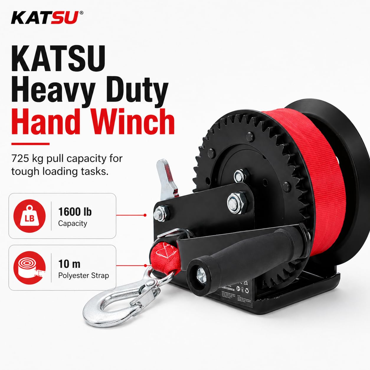KATSU Tools Cabrestante Manual Pesado 1600lbs 725kg con Correa de Poliéster de 10m, para Remolques de Barco, Caravana, Coche, Camión y Uso Marino 325922
