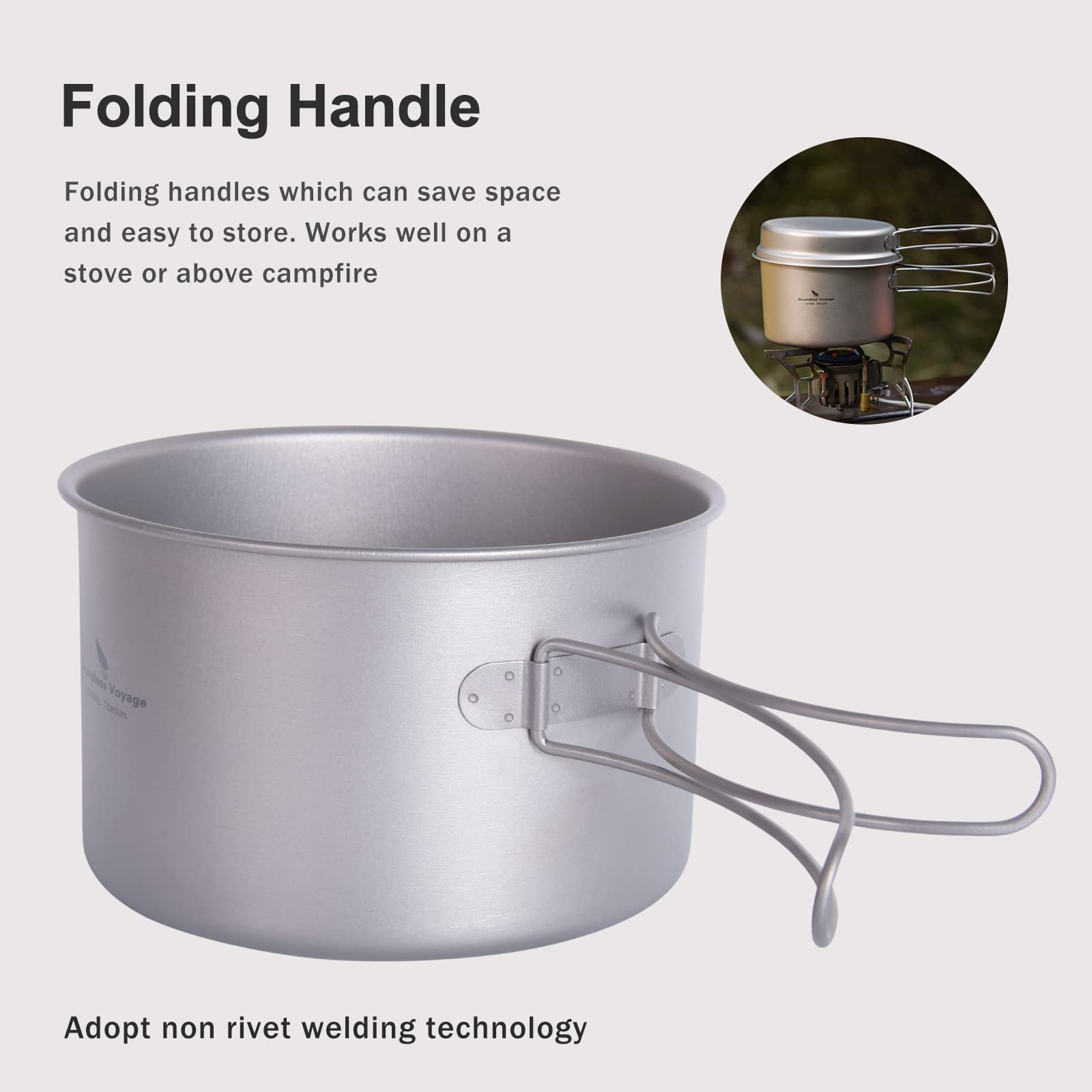 Boundless Voyage Lot de 2 poêles en titane - Ustensiles de cuisine légers - Pour l'extérieur - Avec poignée pliante - Ustensiles de cuisine pour l'extérieur - Pour 1 personne