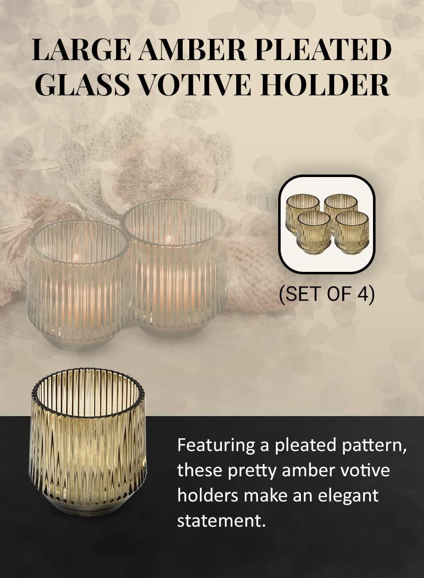 Serene Spaces Living Set of 4 Large Amber Pleated Glass Votive Holder, Perfect for Weddings and Home Décor, Measures 4" Tall and 3.75" Diameter