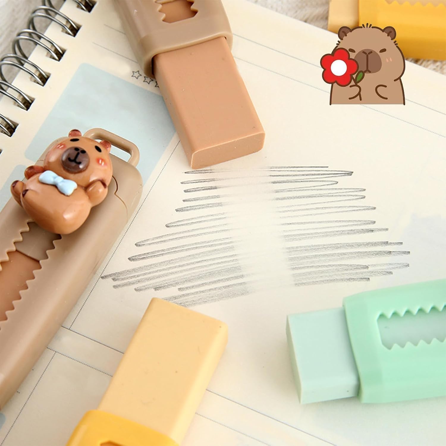 Cute Capybara Erasers 4 Pack by HUANYO, Retractable Push-Pull Design - Image 3