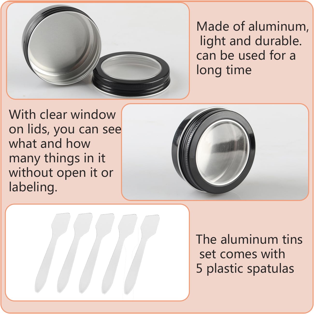 100 Piezas Tarros de Aluminio 60 ml Negro con Tapa Rosca Ventana – Lata Aluminio Redonda D68mm x H27mm – Botes Metálicos Pequeños para Cosmética, Velas DIY, Almacenamiento y Viaje