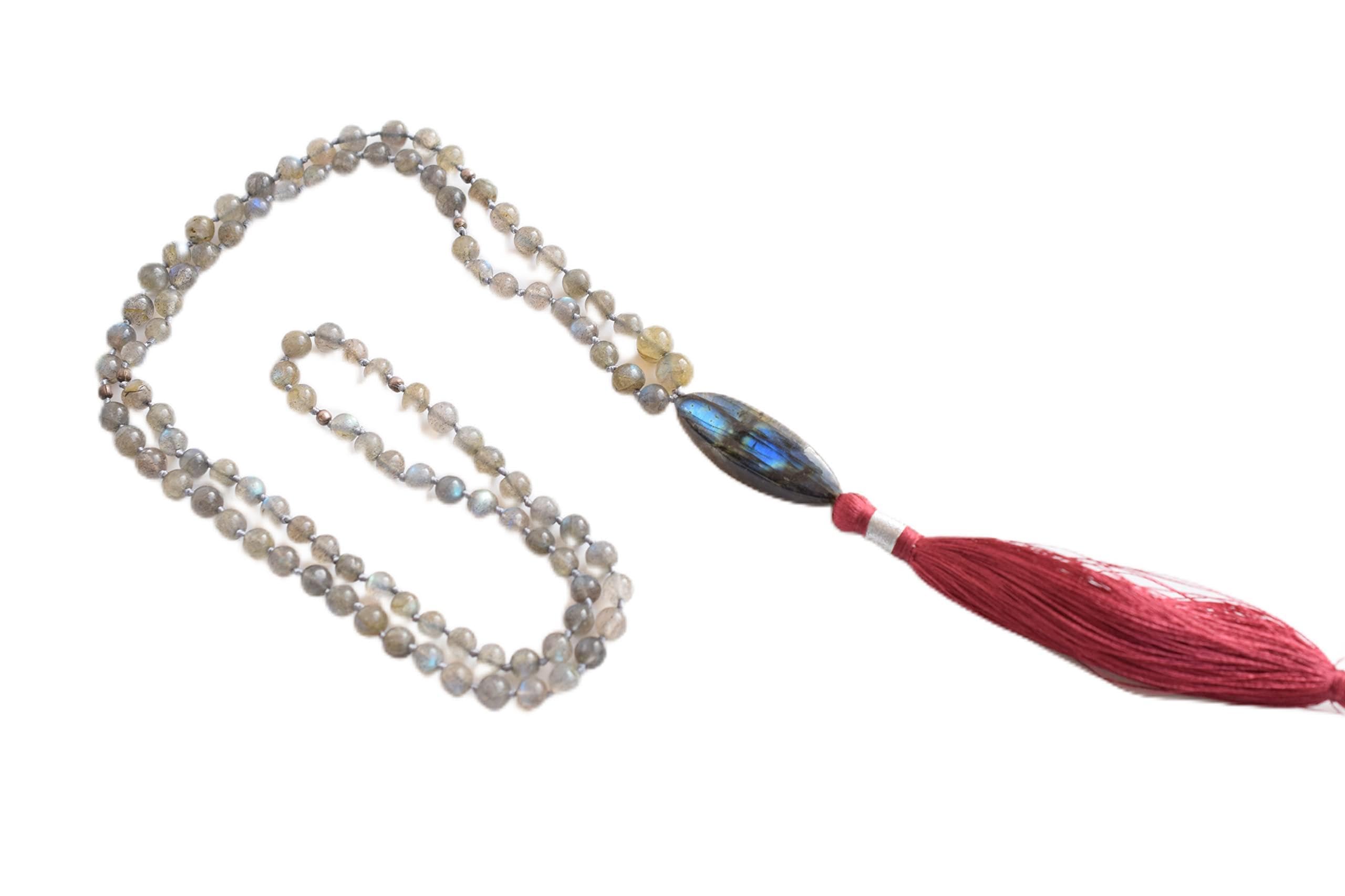 Vaibhav Jewellers A++ Collar Mala de labradorita natural con colgante de marquesa | Flash azul, protección contra ataques psíquicos, 108 cuentas Mala, Mala Yoga Mala personalizada, 84 cm, Gema,