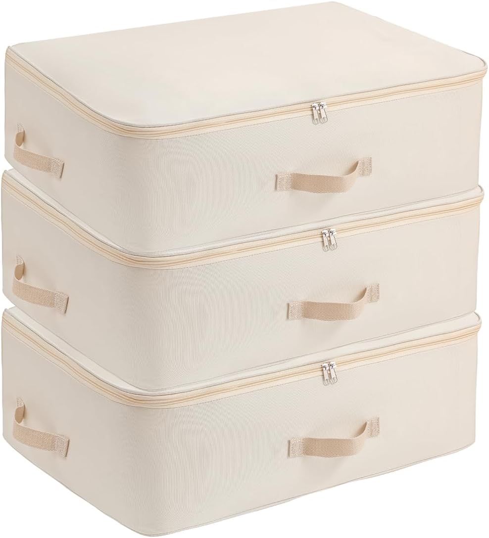 Surblue Clothing Storage Bags Clothes Organizer with Reinforced Handle Foldable Under Bed Storage Bags for Blankets Comforters Quilt Bedding Pillow Toy,3Pcs, Beige