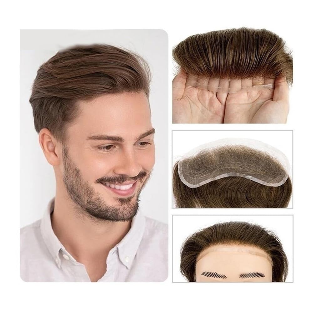 Men's Toupee Parte frontale in pizzo completo con attaccatura dei capelli umani, colore marrone, for uomo(#7)