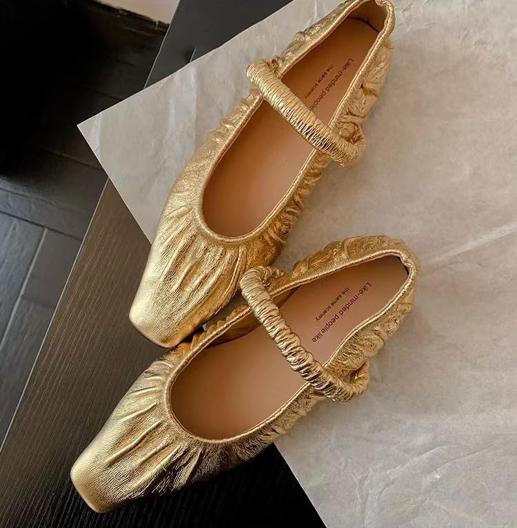 QIJOZXN Wrinkled Leather Mary Jane Flats for Women Pointed Toe Ballet Flats Stretch Band Slip On Dress Ballerina Flats Shallow Casual Shoes4