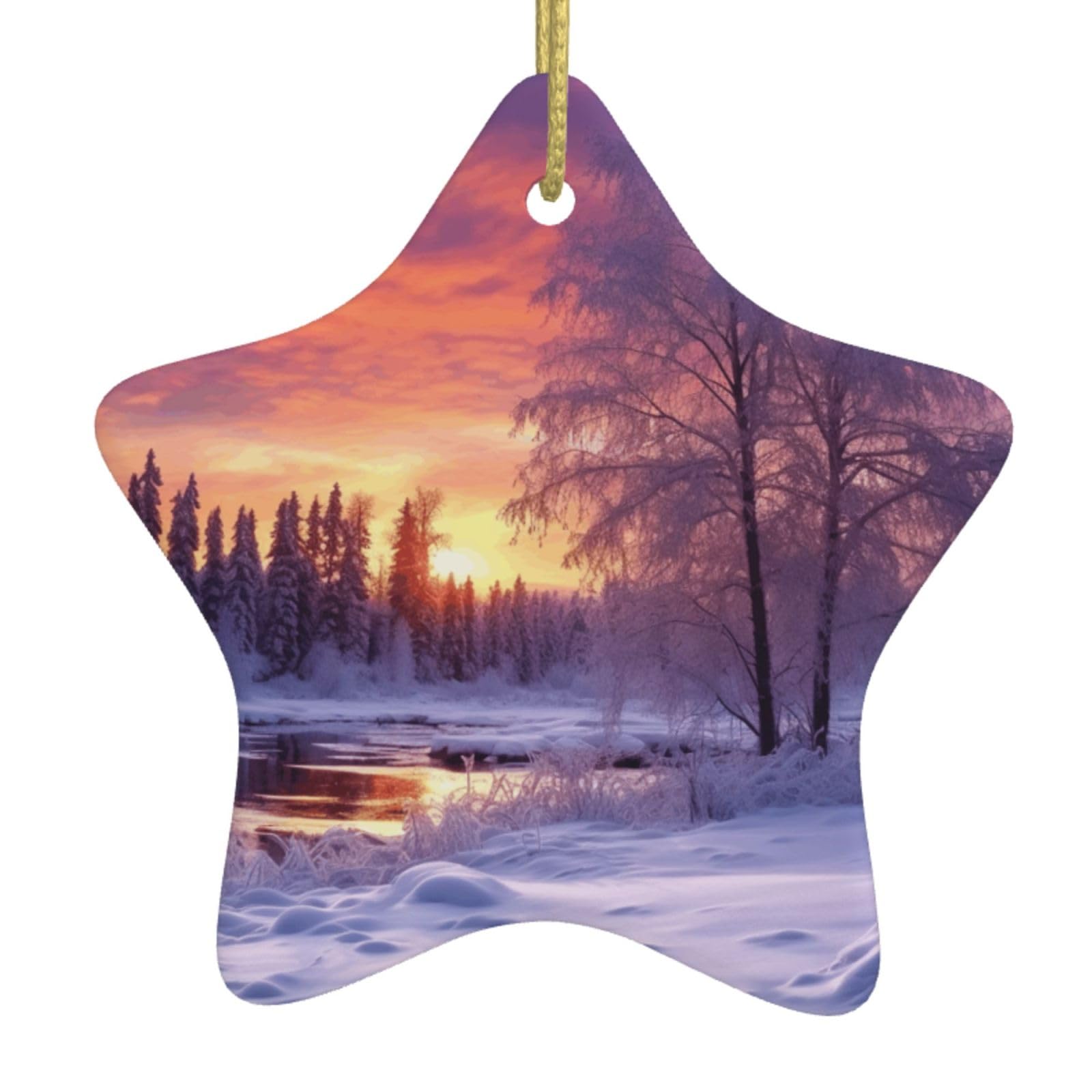 Ceramic Christmas Tree Hanging Ornaments with Gold Ropes Christmas Tree Decorations Star Ceramic Winter Landscape Pendant Keepsake Decorations for Holiday Xmas Gift Ideas