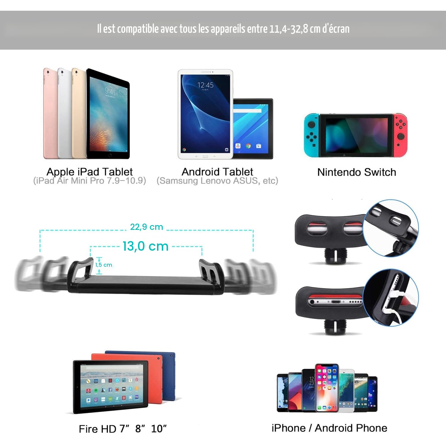 Support à tablette pour lit, rotatif à 360° avec bras en aluminium solide pour iPad, tablettes, téléphones ou autres appareils avec écran de 4,5 à 12,9"