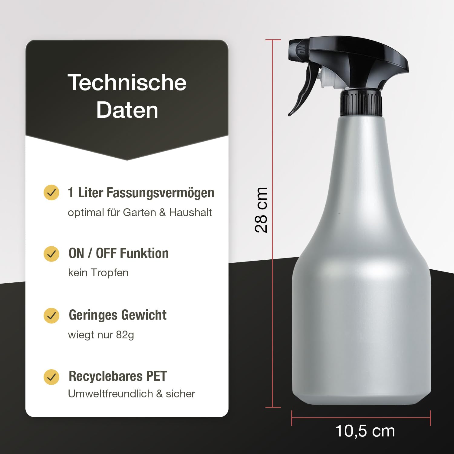 Lot de 3 grands flacons pulvérisateurs de 1 litre avec atomiseur (avec étiquettes inscriptibles) | Vaporisateur d'eau idéal pour les plantes, les détergents (résistants aux chimiques), le jardin