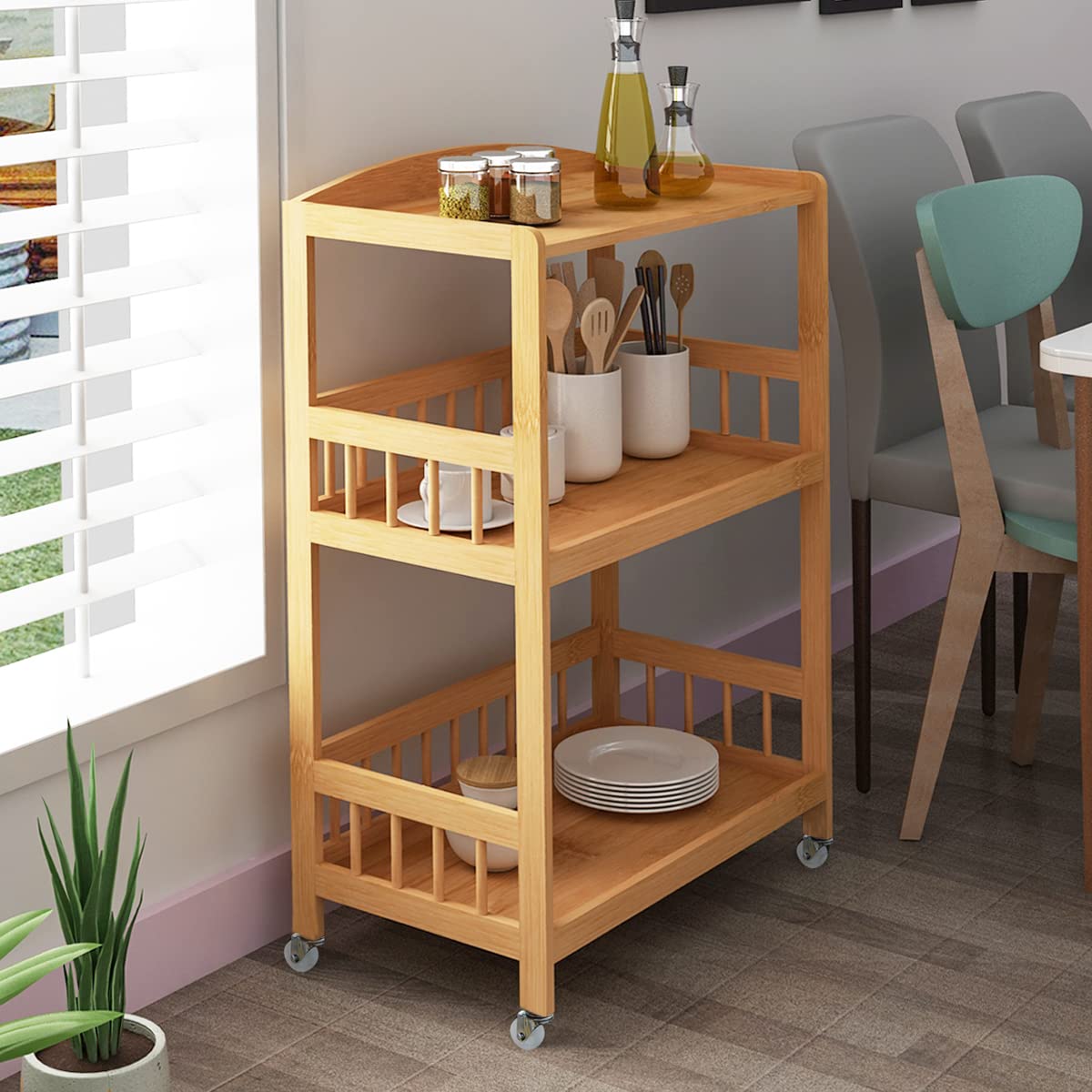 sogesfurniture KS-ZC05-BH Bambusowy wózek do serwowania do kuchni, 3-poziomowa półka do przechowywania, wózek do serwowania na kółkach, do restauracji