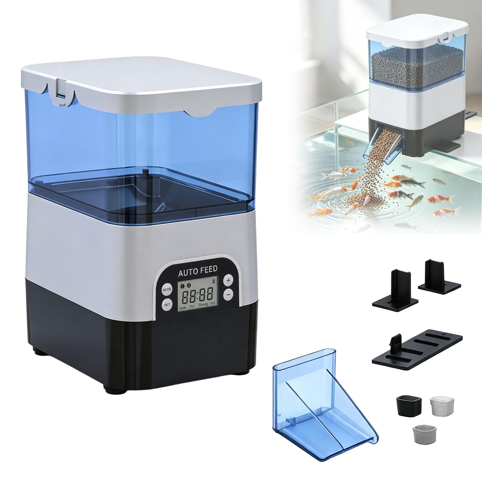 Mangiatoia automatica per pesci, grande capacità da 2,8 l, display LCD del livello della batteria, alimentazione a batteria o a rete, antivento, impermeabile, per interni ed esterni (batterie non