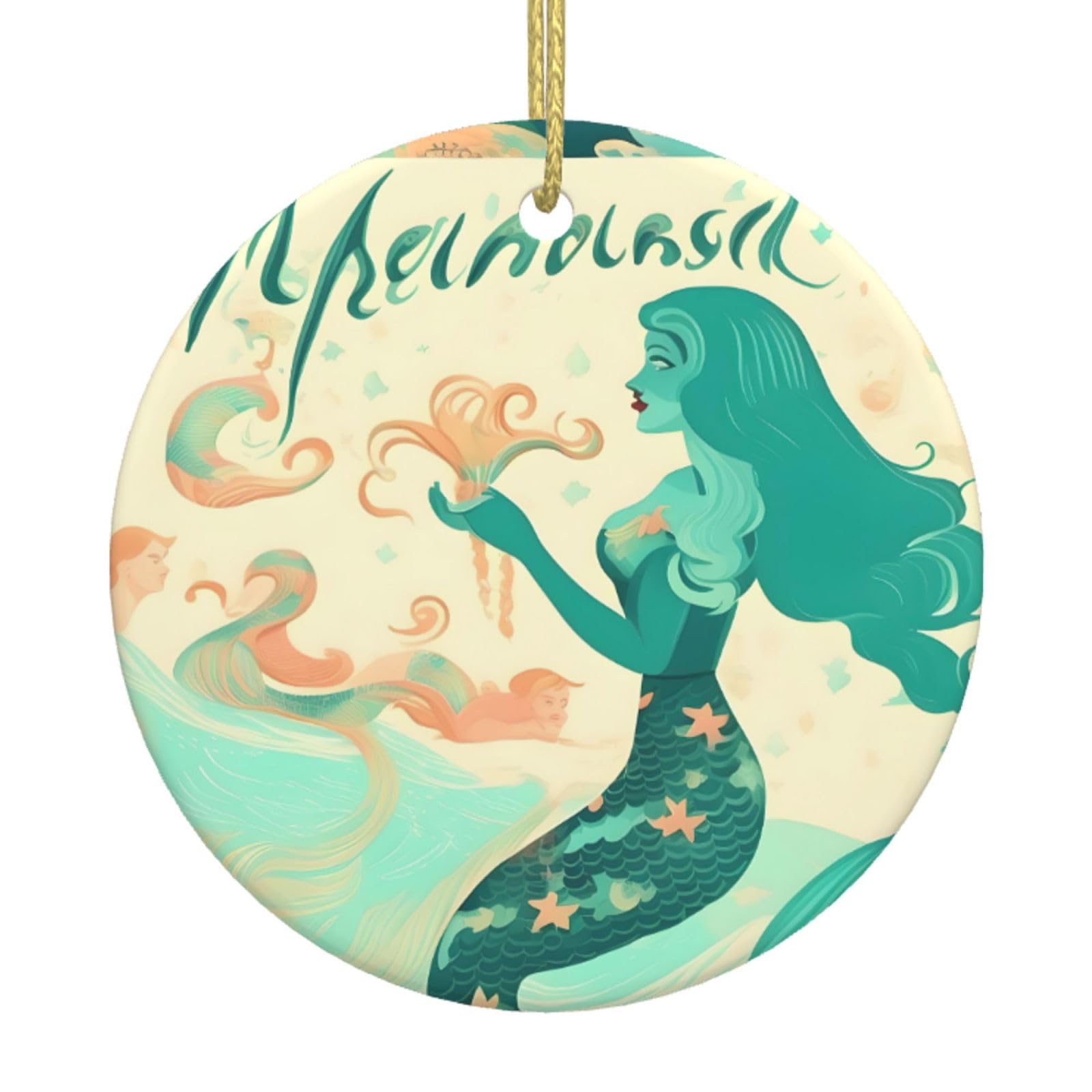 Retro Mermaid Print Christmas Ornaments, Ceramic Hanging Ornament, Round Shape Decorations