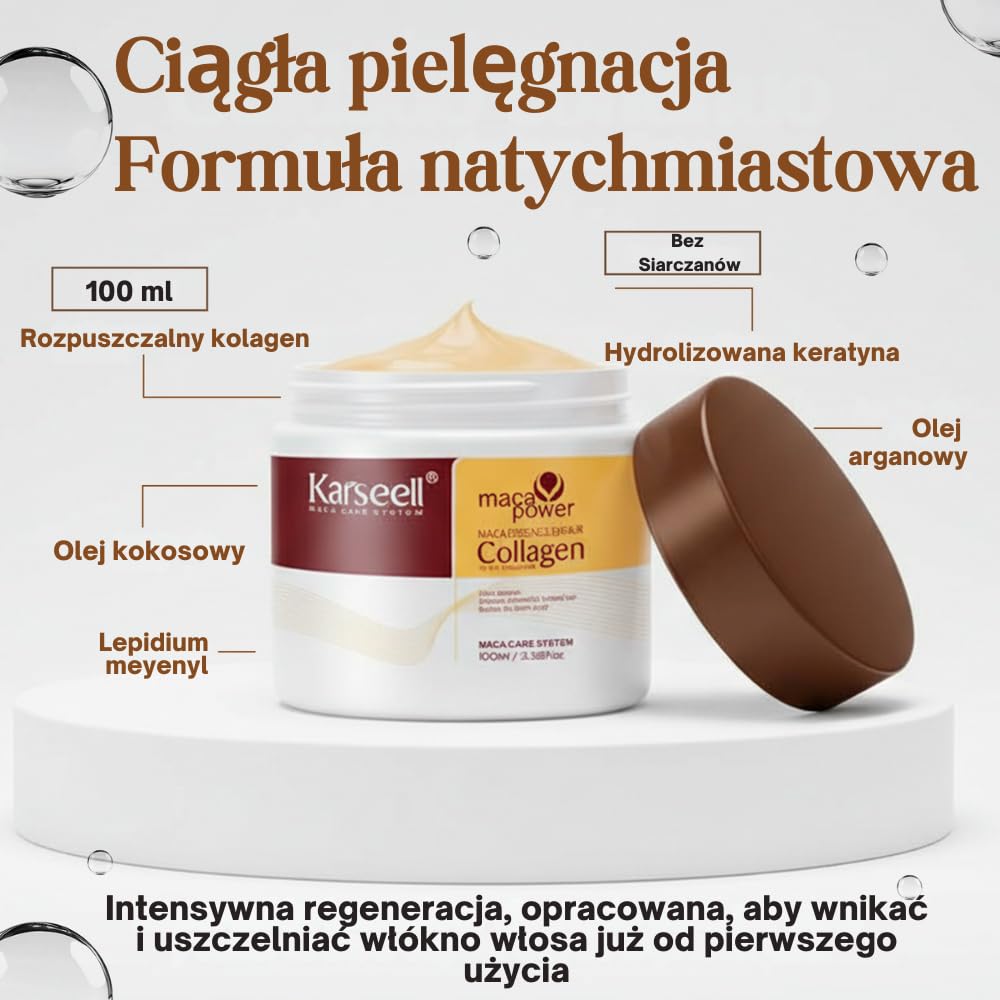Karseell MACA CARE SYSTEM Zestaw kolagenowych maseczek do włosów 100 ml + szampon o objętości 200 ml + odżywka do włosów 200 ml nawilżająca objętość naprawa połysku, gładkość, suche, zniszczone włosy