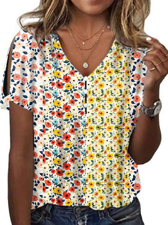 Women's Summer Floral Printed Cotton Shirt Casual V Neck Tank Tops Short Sleeve Loo...