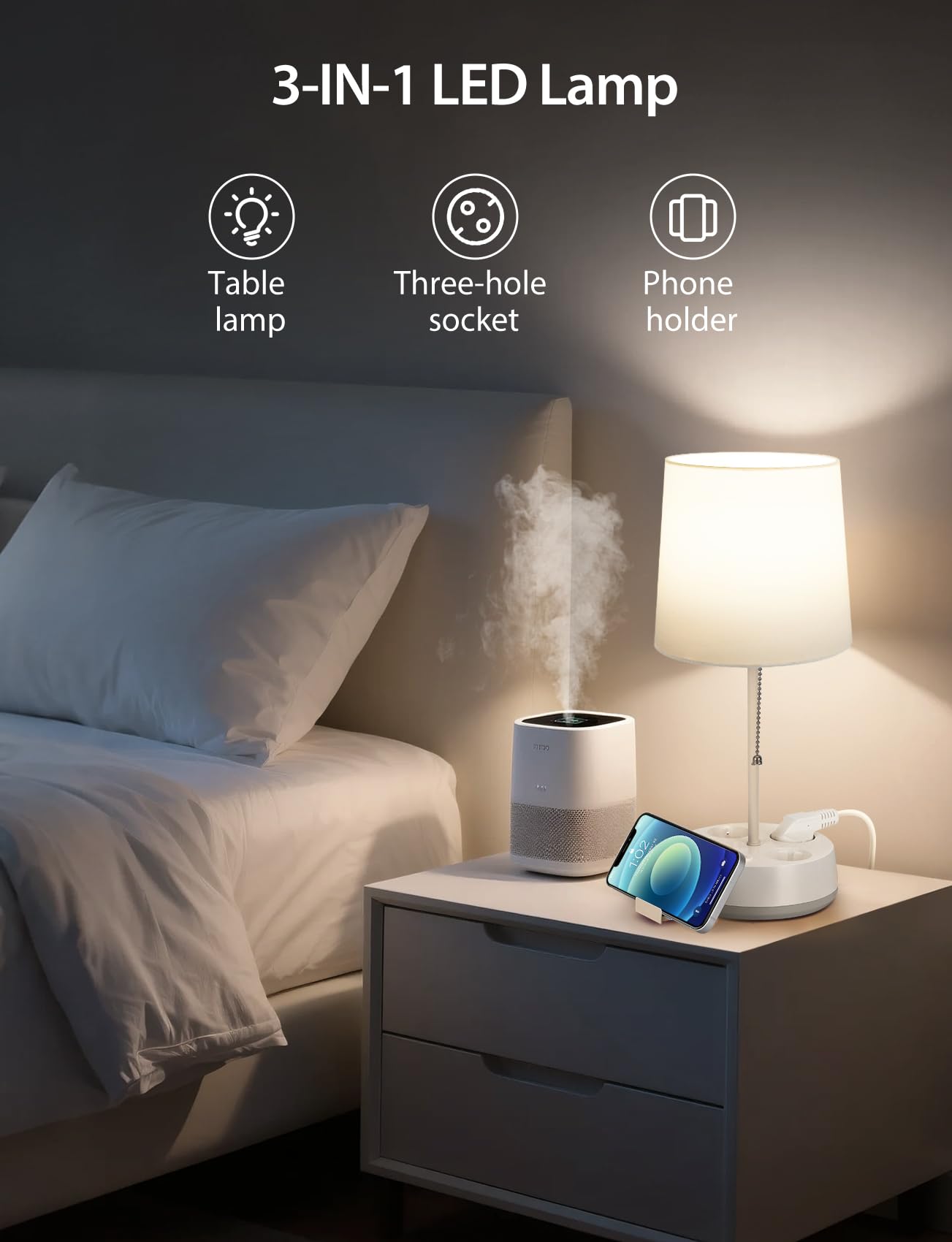 Aigostar - Lampe de Chevet Intelligente Compatible avec APP, Lampes de Table en Tissu, 2700K-6500K et RGB Réglable, avec 3 Prises (Type F), Télécommande et Support pour Téléphone, Blanc