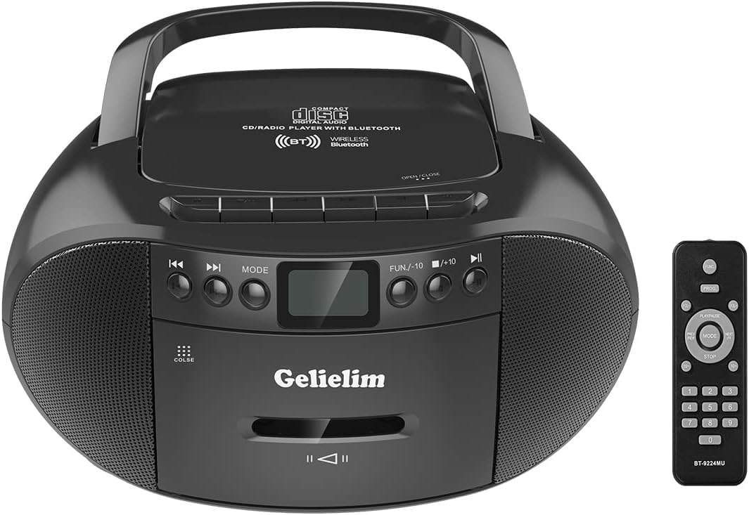 GelielimPortable CD and Cassette Player Boombox Combo, Casette Tape Recorder with Remote, AM FM Radio, USB Playback with Earphone Jack, 5.1V Bluetooth Speaker, Battery Operated or AC Powered for Home