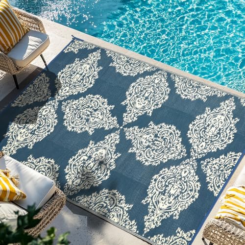 wikiwiki Outdoor Rug, 5x8ft Waterproof Reversible Mat Indoor Outdoor Rugs Carpet, Small Area Rug Plastic Straw Rug for Patio Deck Balcony Pool RV Camping Beach Picnic, Blue & Beige, Rugscape Series