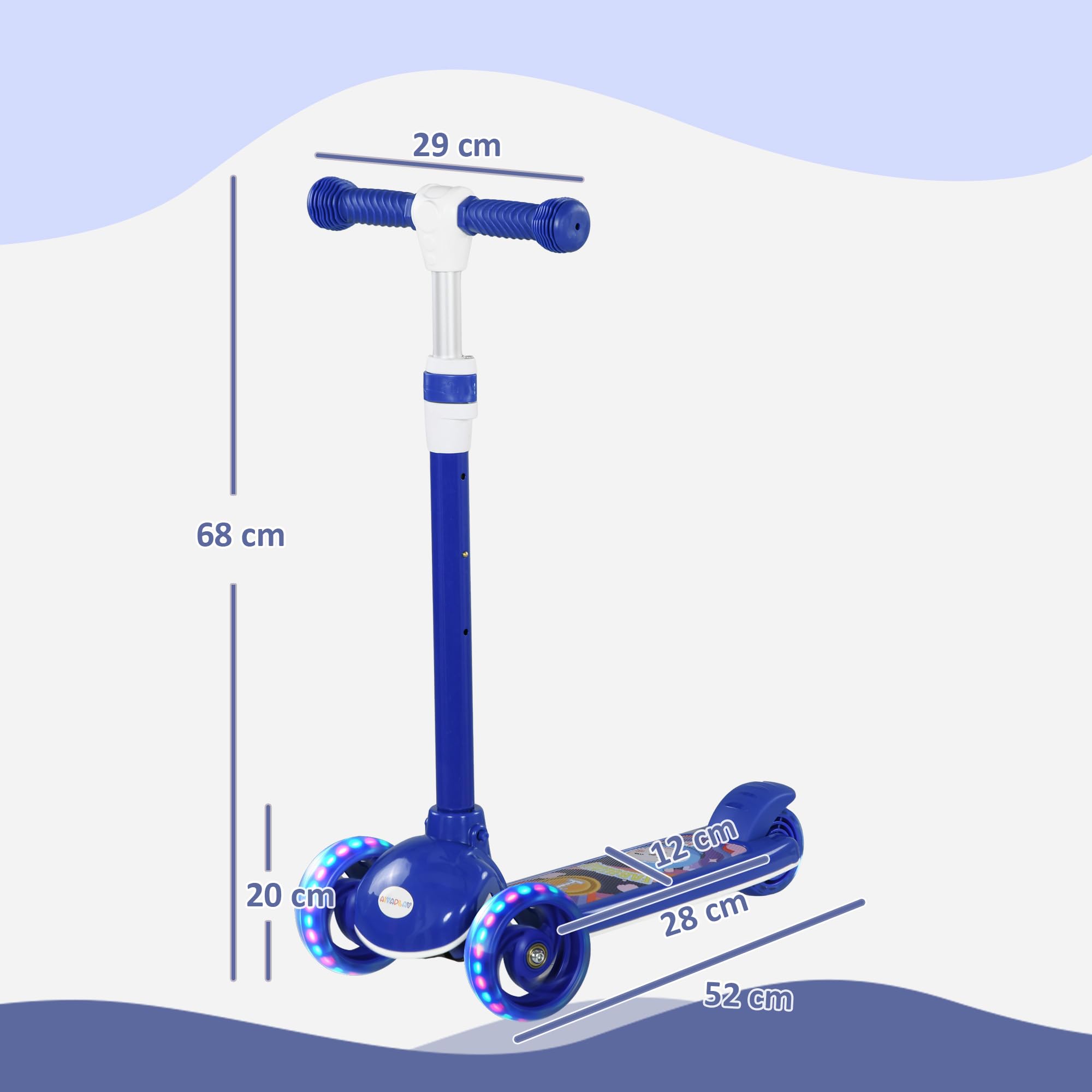 AIYAPLAY Trottinette pour Enfant - Trottinette 3 Roues Lumineuses LED - Hauteur Guidon en TPE réglable - Frein à Friction arrière - Acier PP pour Enfants de 2 à 6 Ans