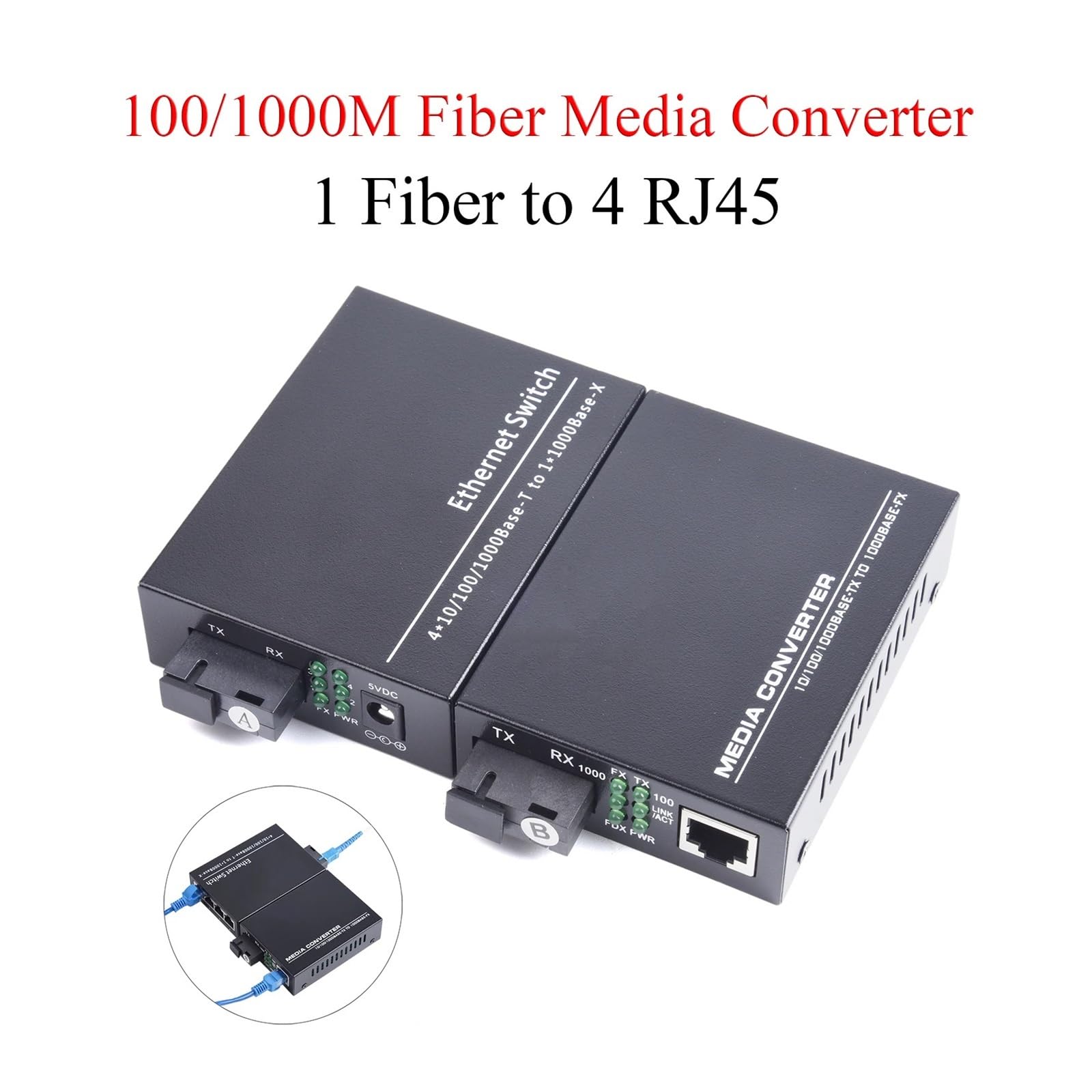 1 paire de convertisseur de média fibre optique Gigabit monomode 1 cœur à 4 ports RJ45 UPC/SC alimentation américaine(1000M Converter)