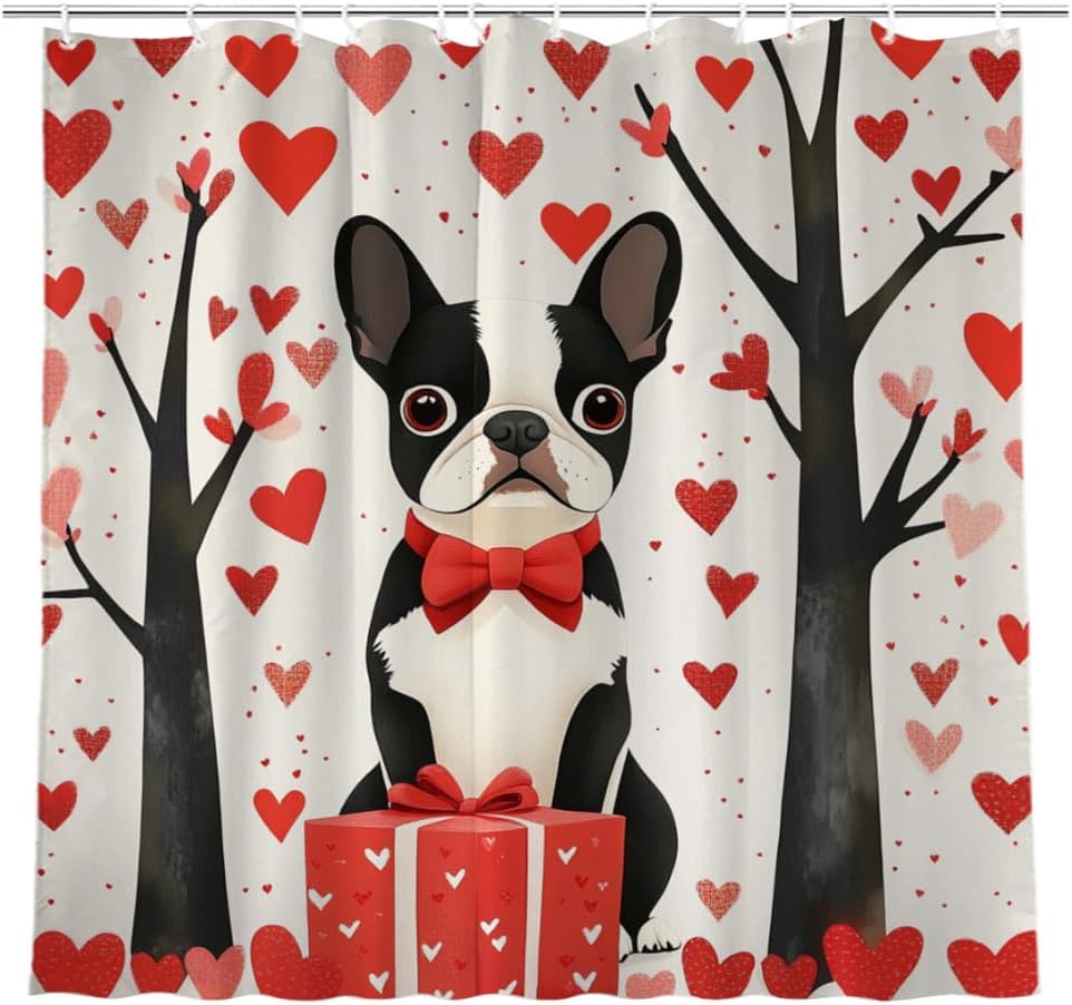 Valentines Day Shower Curtain, Valentines Yorkshire Terrier Shower Curtain for Bathroom, Fabric Bath Curtain with Hooks for Home Decorations, 72x72 Inches
