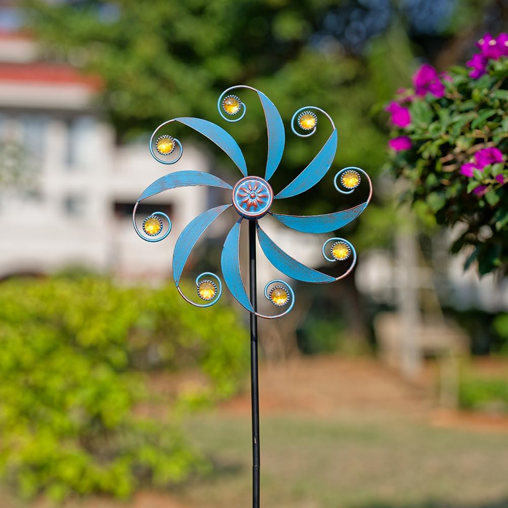 Stargarden 2Pack Wind Spinner, Metal Outdoor Wind Sculptures & Spinners, Small Garden Pinwheels for Yard and Garden Decor(Blue)