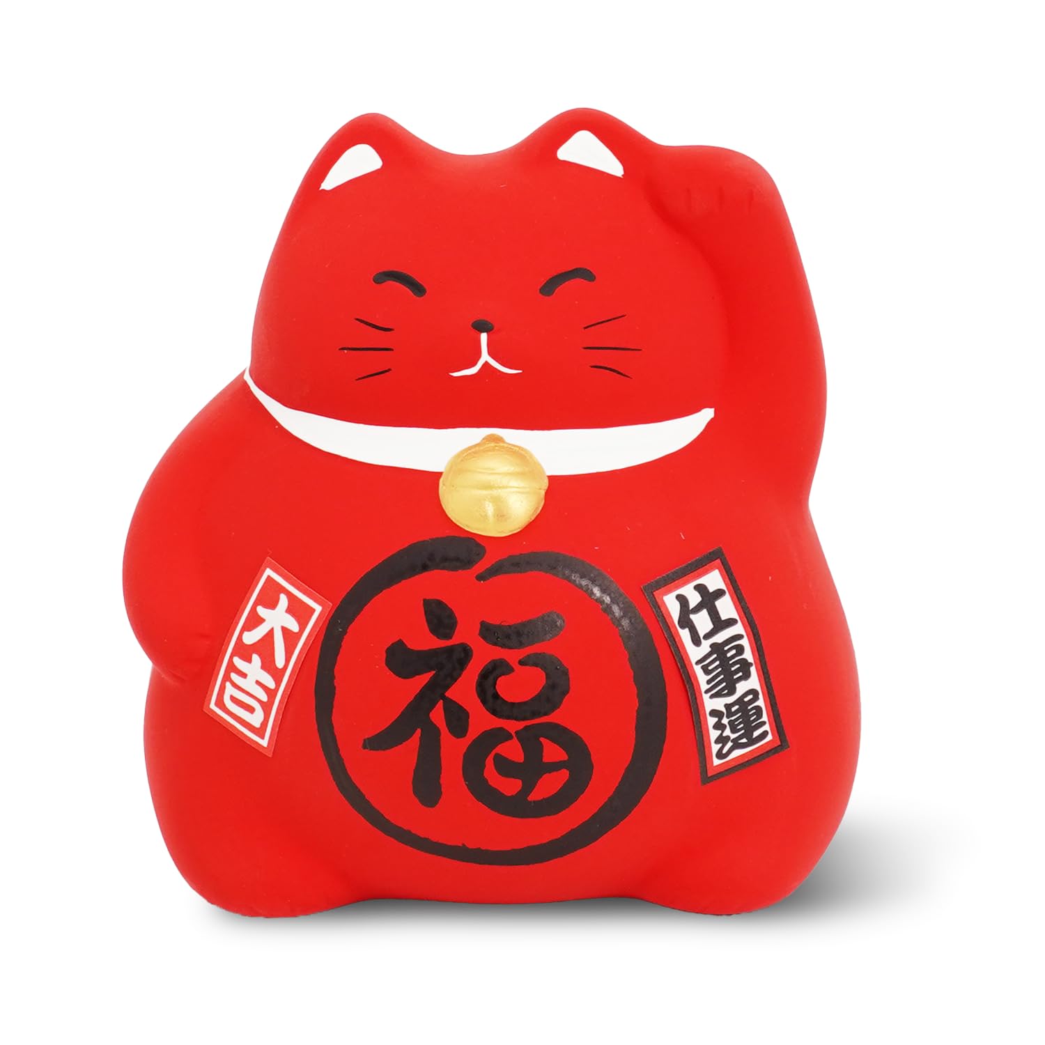 COTONOHA Banko Ware Maneki-Neko Ceramic Piggy Bank - Lucky Cat, Cute and Chubby Traditional Japanese Money Box (Red)