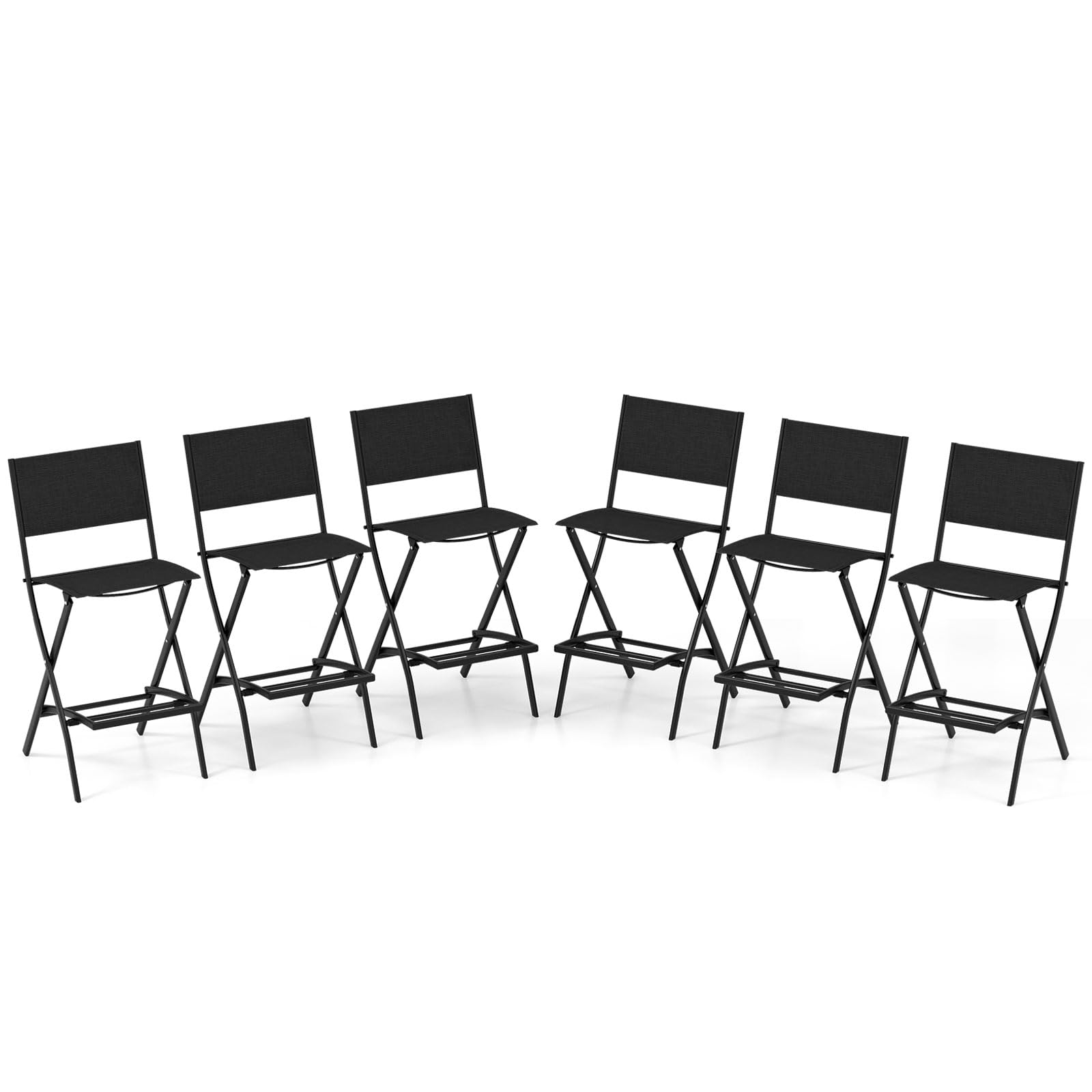 COSTWAY Outdoor Patio Bar Chair Set of 6, Folding Bar Height Stool with Metal Frame & Footrest, Patio Bar Stool for Balcony, Garden & Poolside (6,