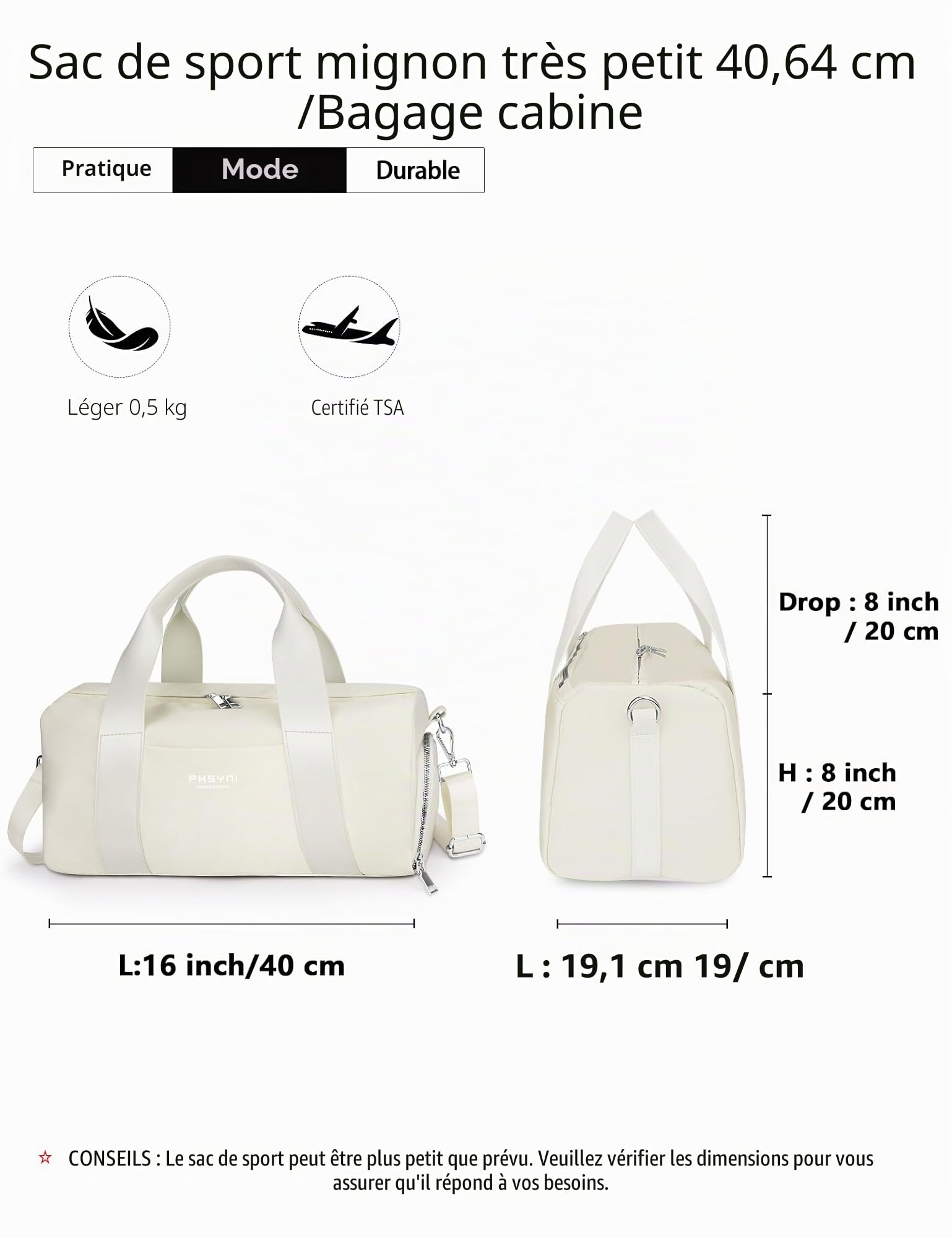 Sac de Sport et Voyage 16 Pouces avec Compartiment Chaussures Poche Imperméable Femmes Enfants Beige 40x19x20 cm 15L