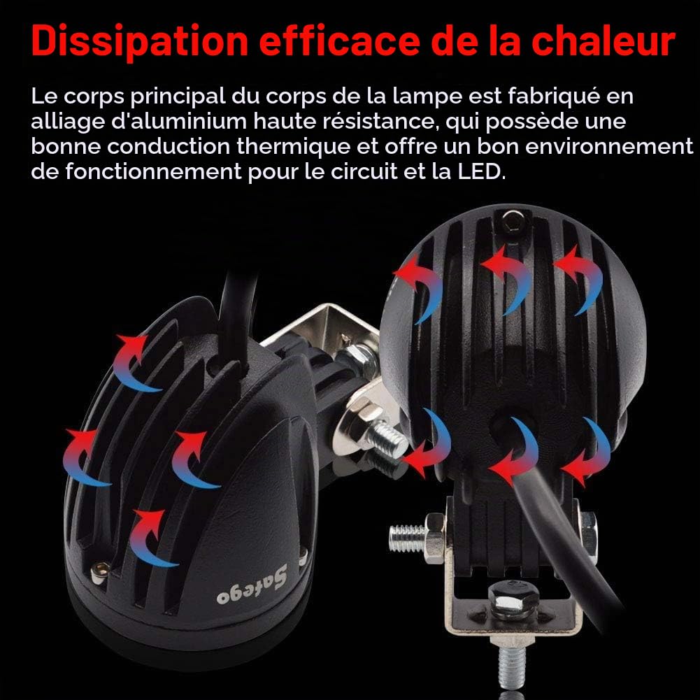 Safego Phare LED Moto 10W Feux Additionnels Moto, Phare de Travail à LED Floodlight 12V, Feux de Brouillard Supplémentaires pour Voiture Off-Road 4x4 ATV 6500K, 2PCS