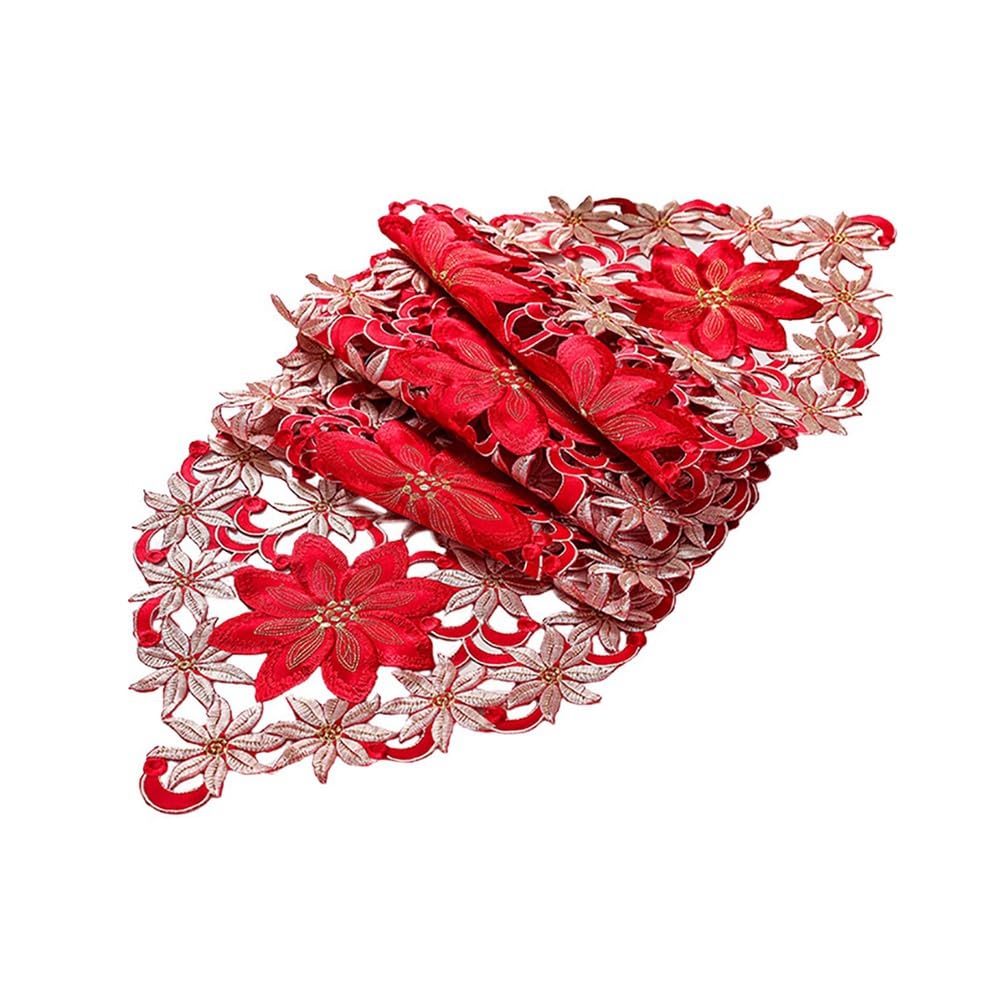 CTRLZS 1 PCS Christmas Table Runner Christmas Decorations Poinsettia Holly Leaf Embroidered Table Linens for Christmas Decorations 15 X 59 Inch