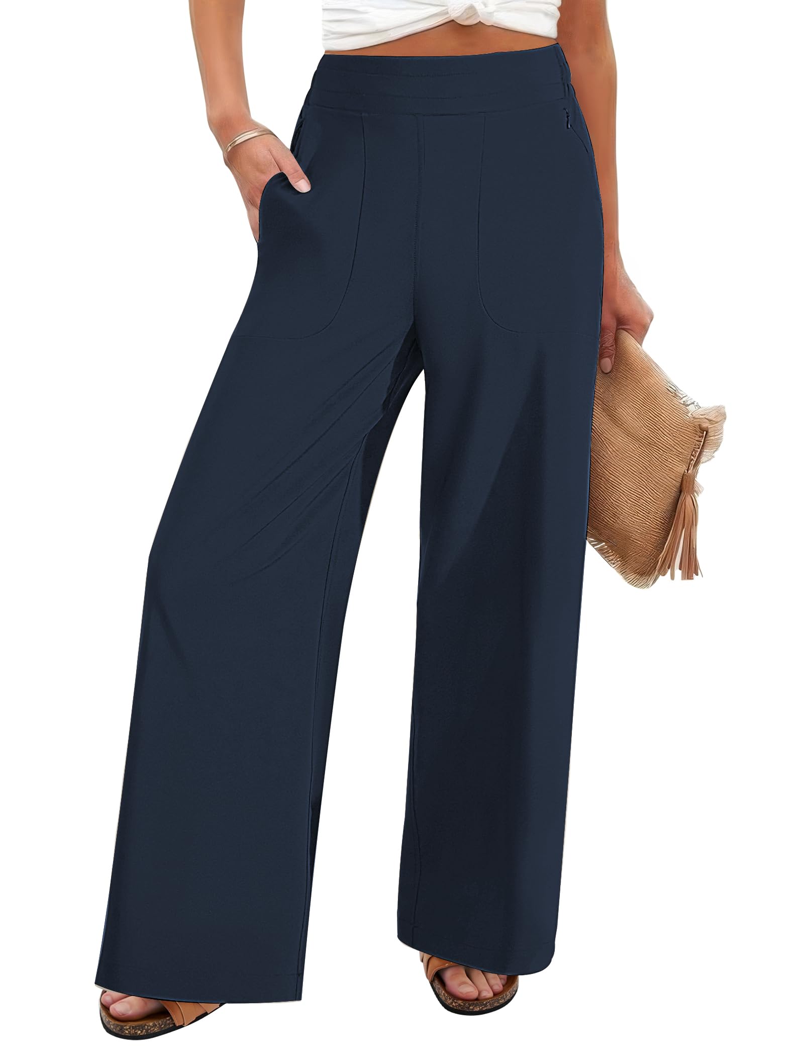 FireSwan Women's Wide Leg Work Pants High Elastic Waist Dress Palazzo Pants Trousers with Zipper Pockets