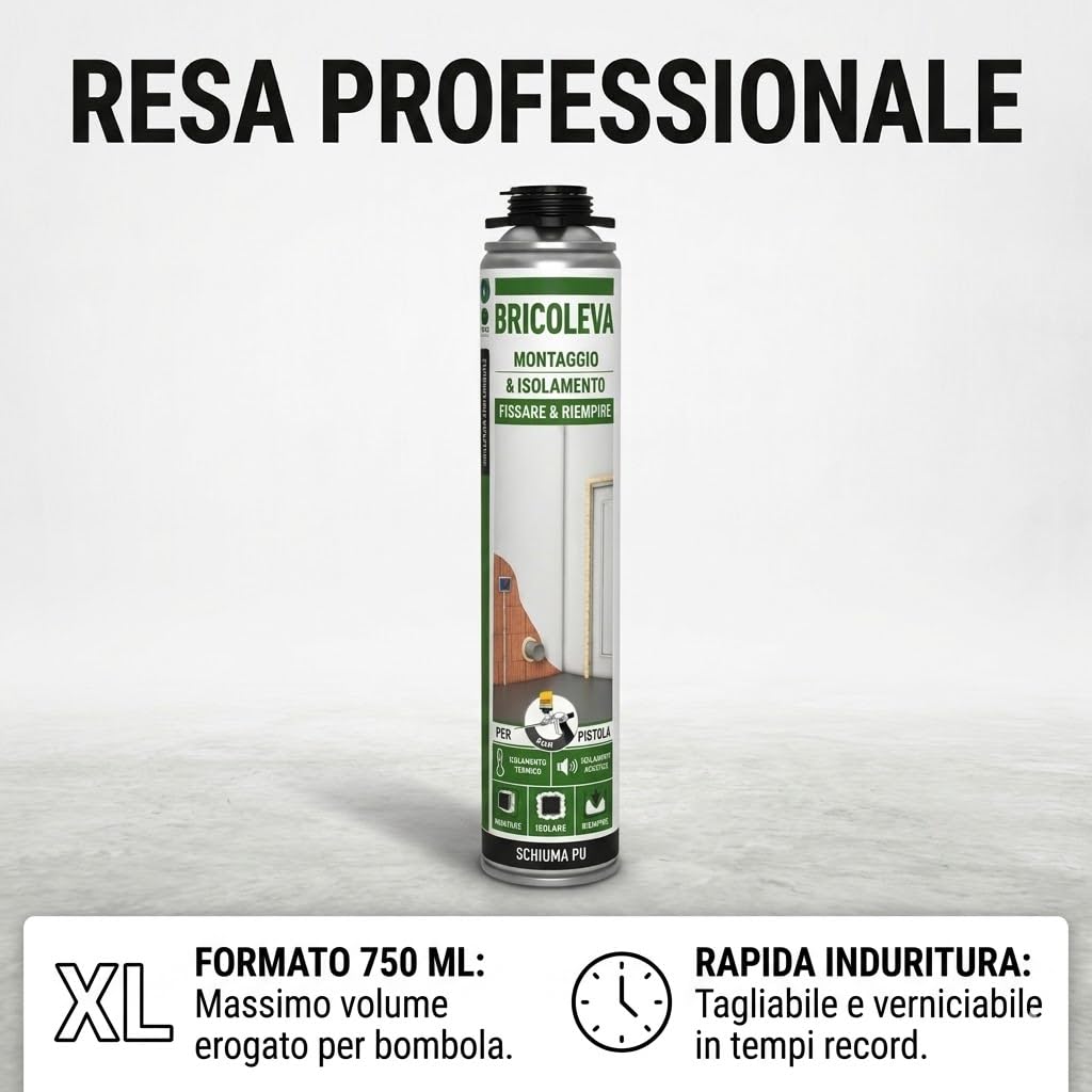 BRICOLEVA Set 12 Schiuma Poliuretanica per Pistola da 750 ml - Isolamento Termico e Acustico, Alta Espansione Colore Champagne - Sigillante Poliuretano Espanso per Riempimento Fessure (12 Pezzi)