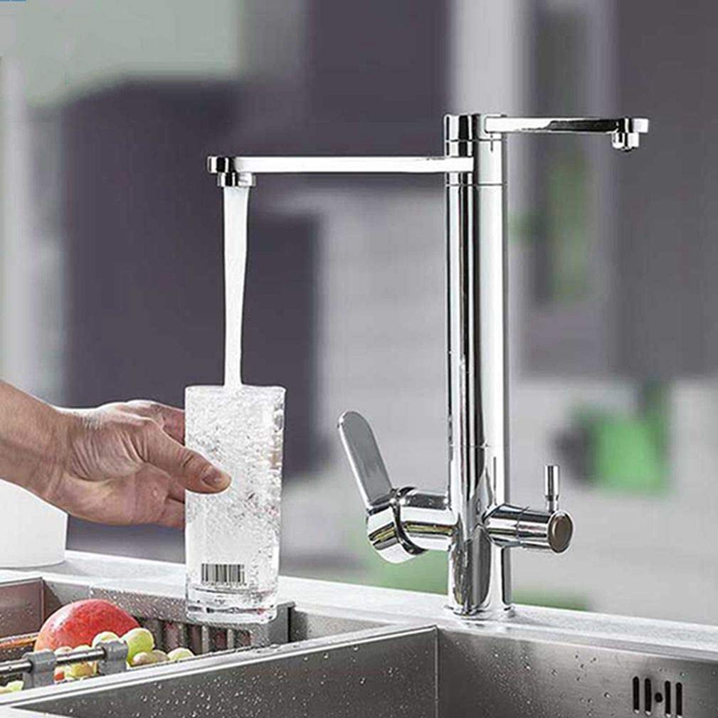 WIQUYBML Black/Chrome Purify Kitchen Faucet Deck Mount Dual Handle Purification Sink Swivel Spout Water Mixer Tap for Filter Faucets 3 Way,Chrome