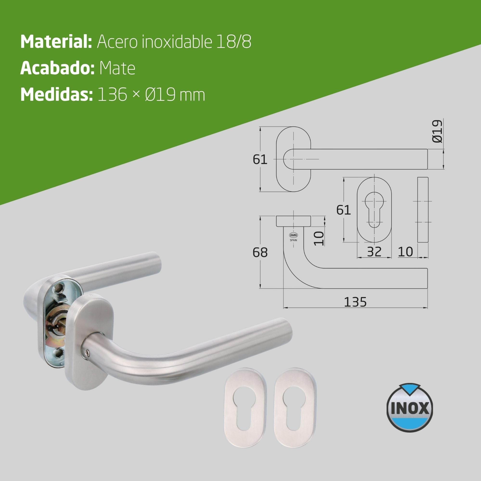 Amig - Juego de manillas Modelo 4 “O” con placa ovalada - Acero inoxidable 18/8-136x19(diámetro) mm - Roseta de acero niquelado de 65x31mm