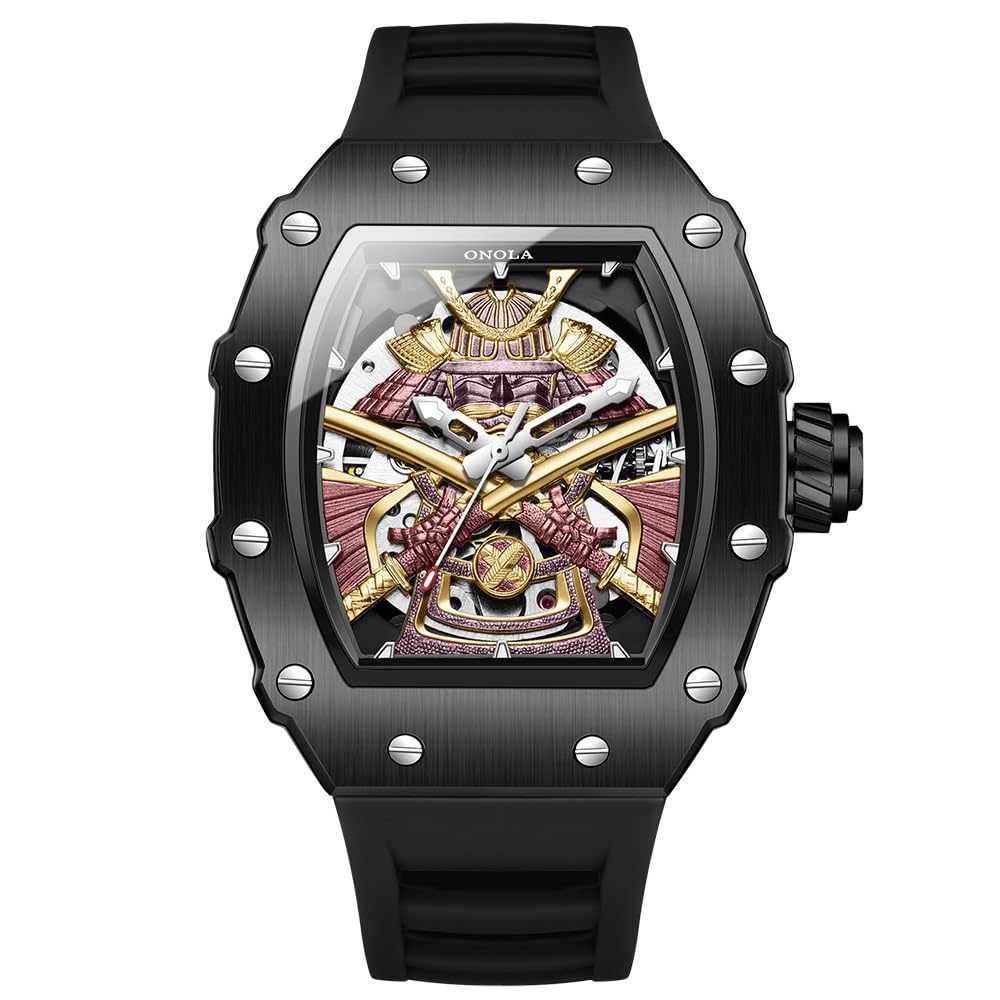Unique Hollow Skeleton Automatic Movement Mechanical Watches for Men Fashion Black-Warrio…