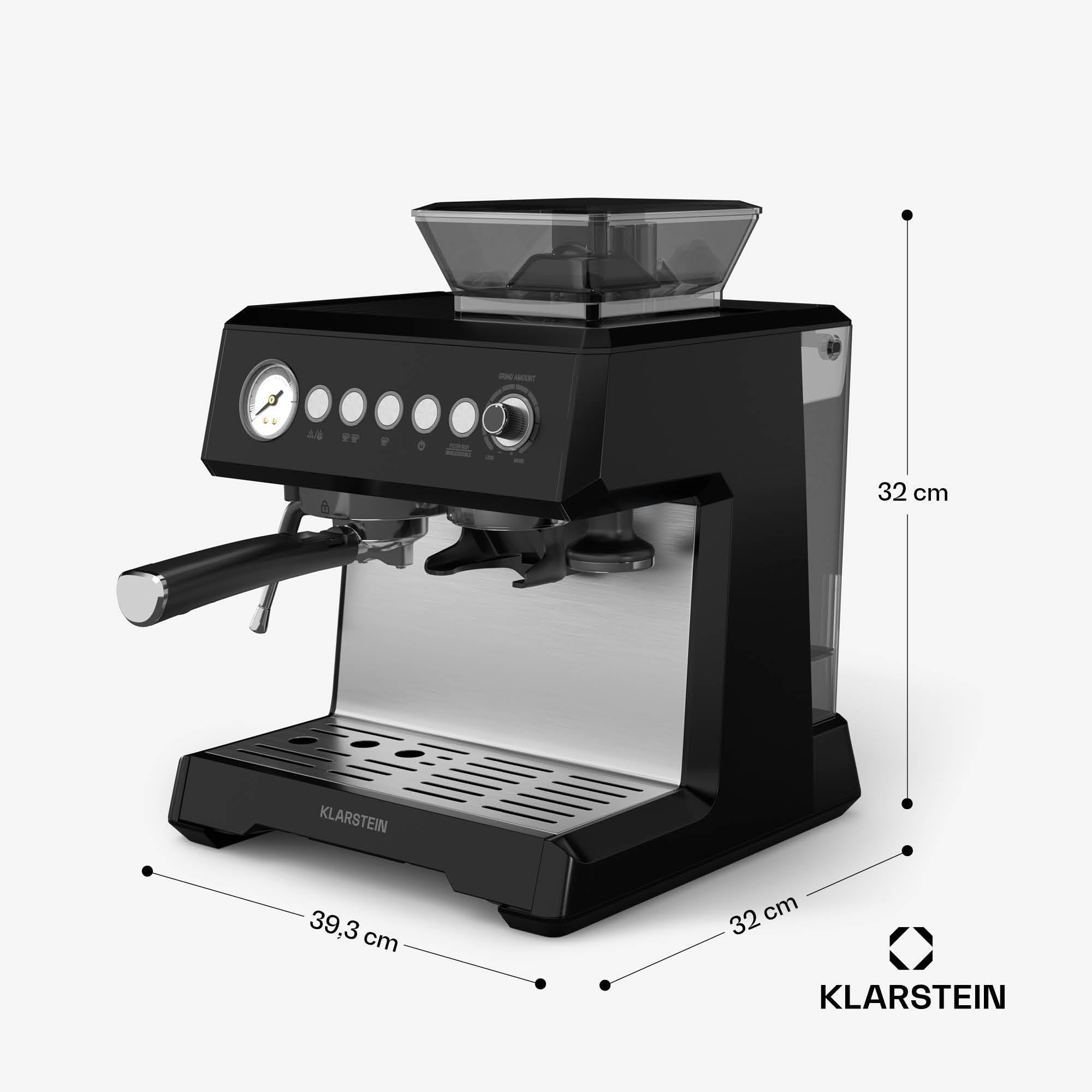 KLARSTEIN GrandPresso Machine à Café Grain – 20 Bars, 1350W, Moulin Intégré, Buse Vapeur, Réservoir 2.3L, Noir, Cafetière à Grain avec Broyeur, Design Compact, Facile à Nettoyer