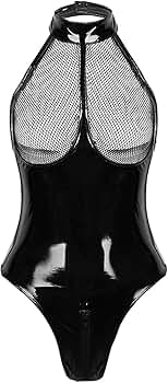 Women's Patent Leather One-Piece Cupless Wetlook Lingerie Halter Neck Bodysuit
